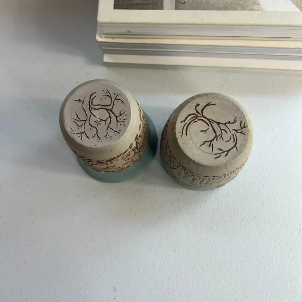 Unmarked Stoneware Tumbler Cups Speckled Blue Etched Tree Design Set of 2